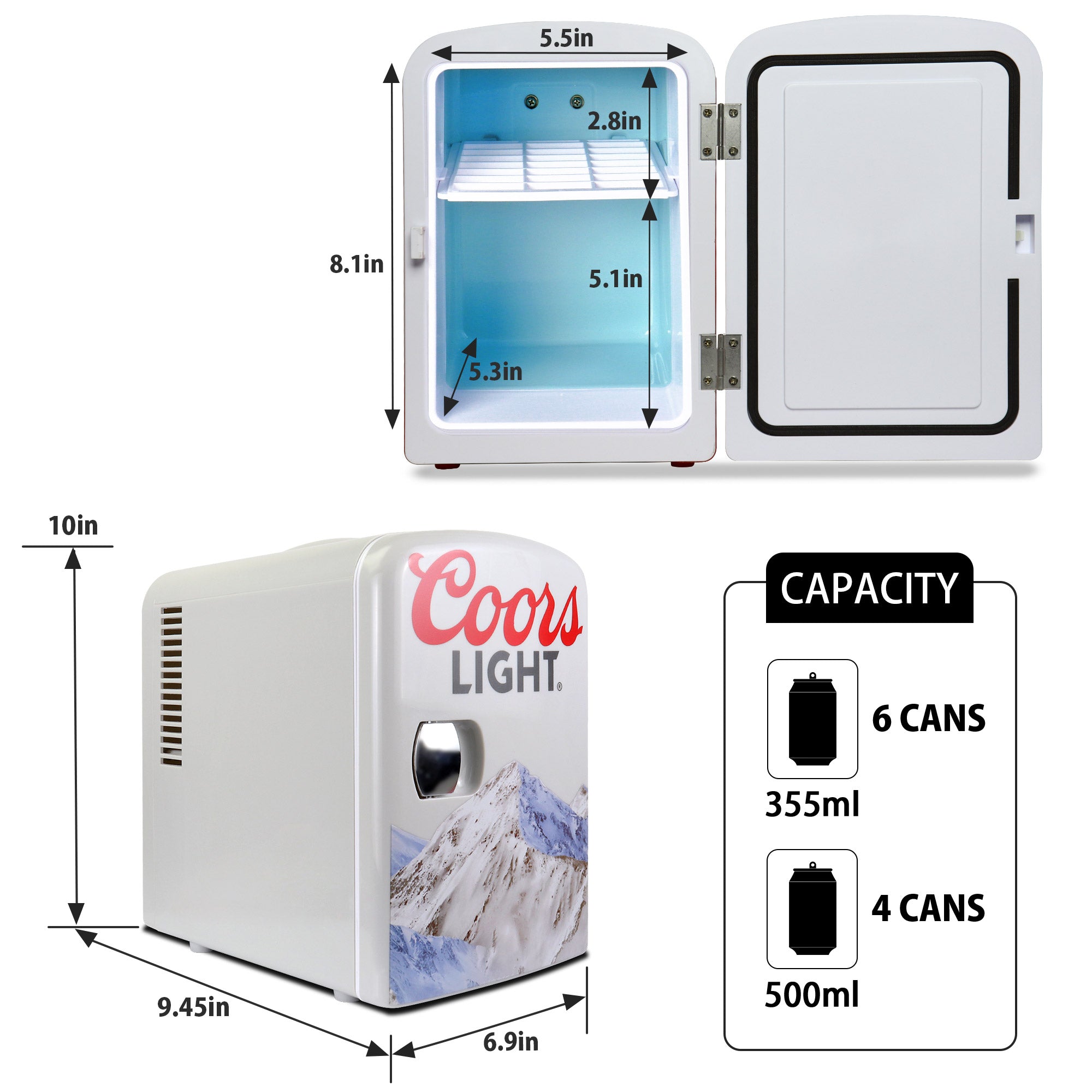 Two product shots of Coors Light 4L mini fridge, open and closed, on a white background, with interior and exterior dimensions labeled. Inset text and icons describes: Capacity - 6 cans 355 mL