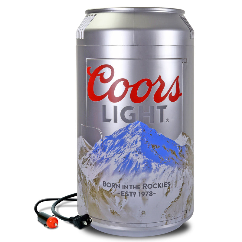 Product shot of Coors Light can-shaped 8 can mini fridge, closed, on a white background with AC and DC power cords visible
