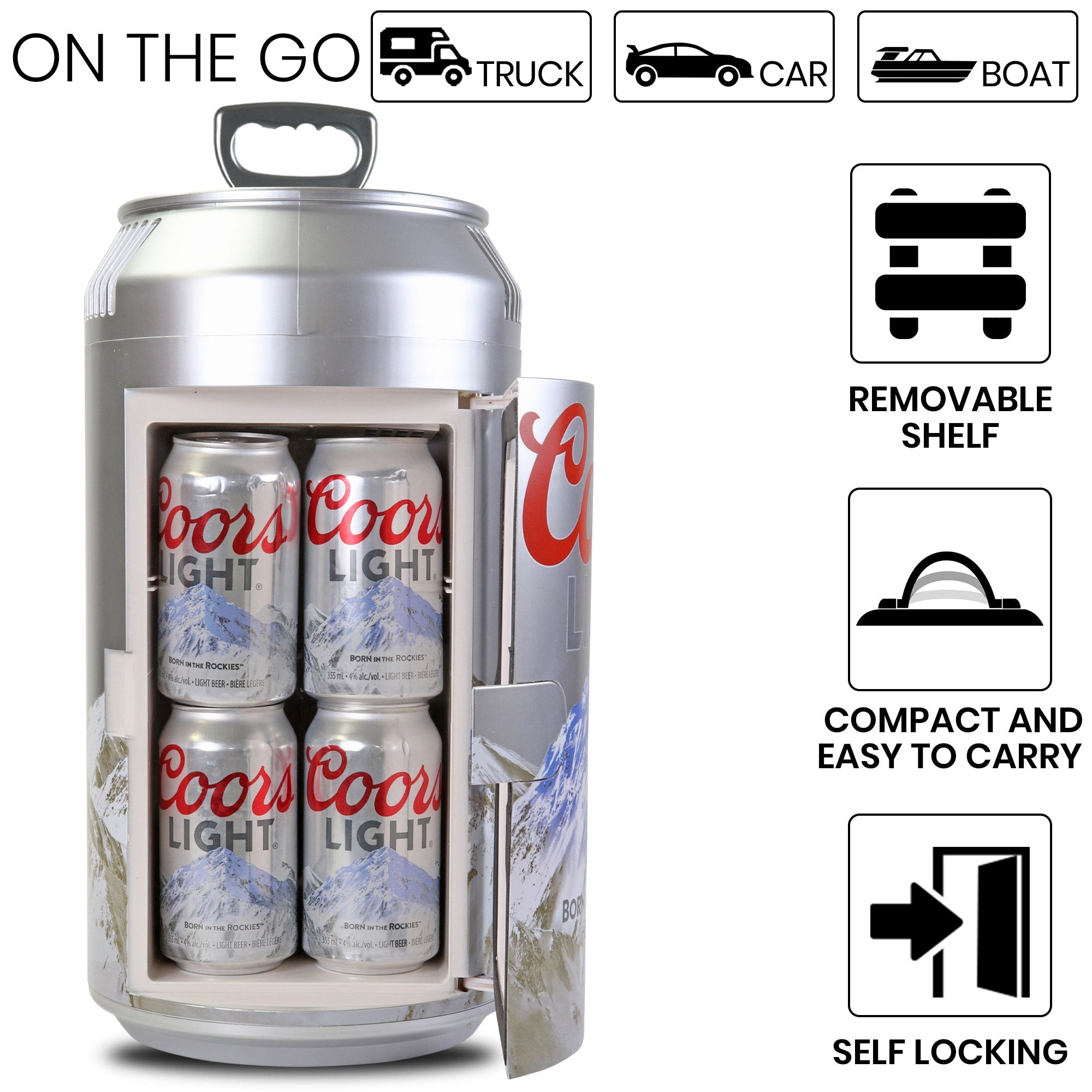 Closeup image of open cooler with shelf removed and 8 cans of Coors Light beer inside and pull-tab carry handle flipped up. Above are icons and text describing: On the go - truck, car, boat. To the right are icons and text describing: Removable shelf; compact and easy to carry; self-locking