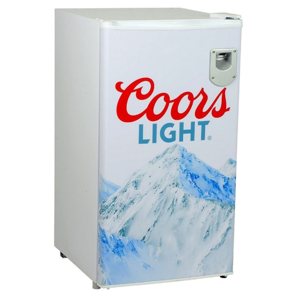 Product shot of Coors Light compact fridge with bottle opener, closed, on a white background