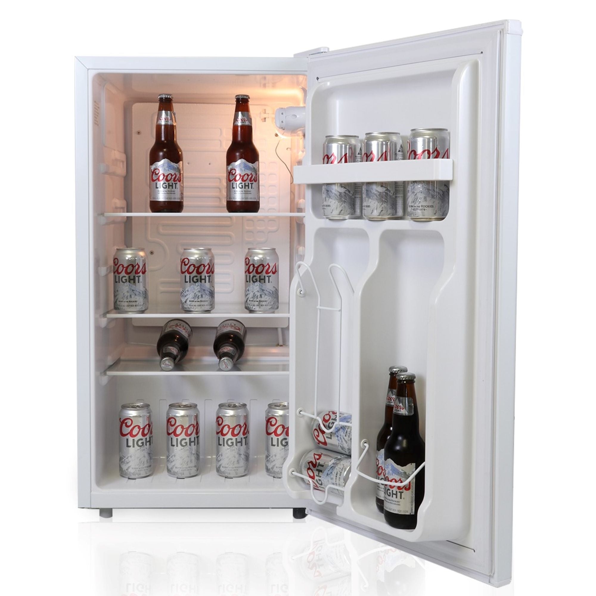Product shot of Coors Light compact fridge with bottle opener, open and filled with bottles and cans of Coors Light beer, on a white background