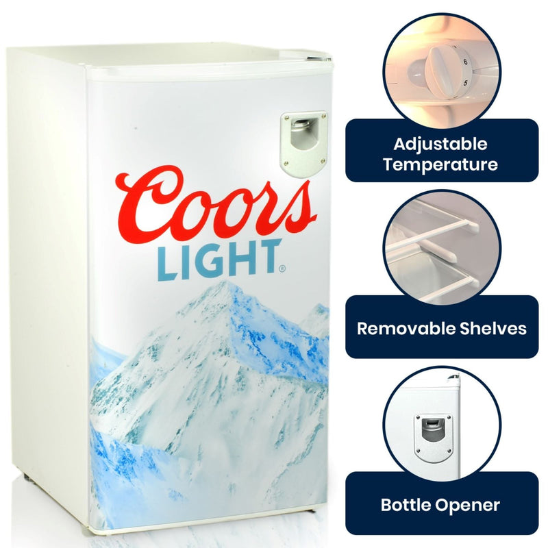 Product shot of Coors Light compact fridge, closed, with three inset closeups to the right showing features: Adjustable temperature; removable shelves; bottle opener
