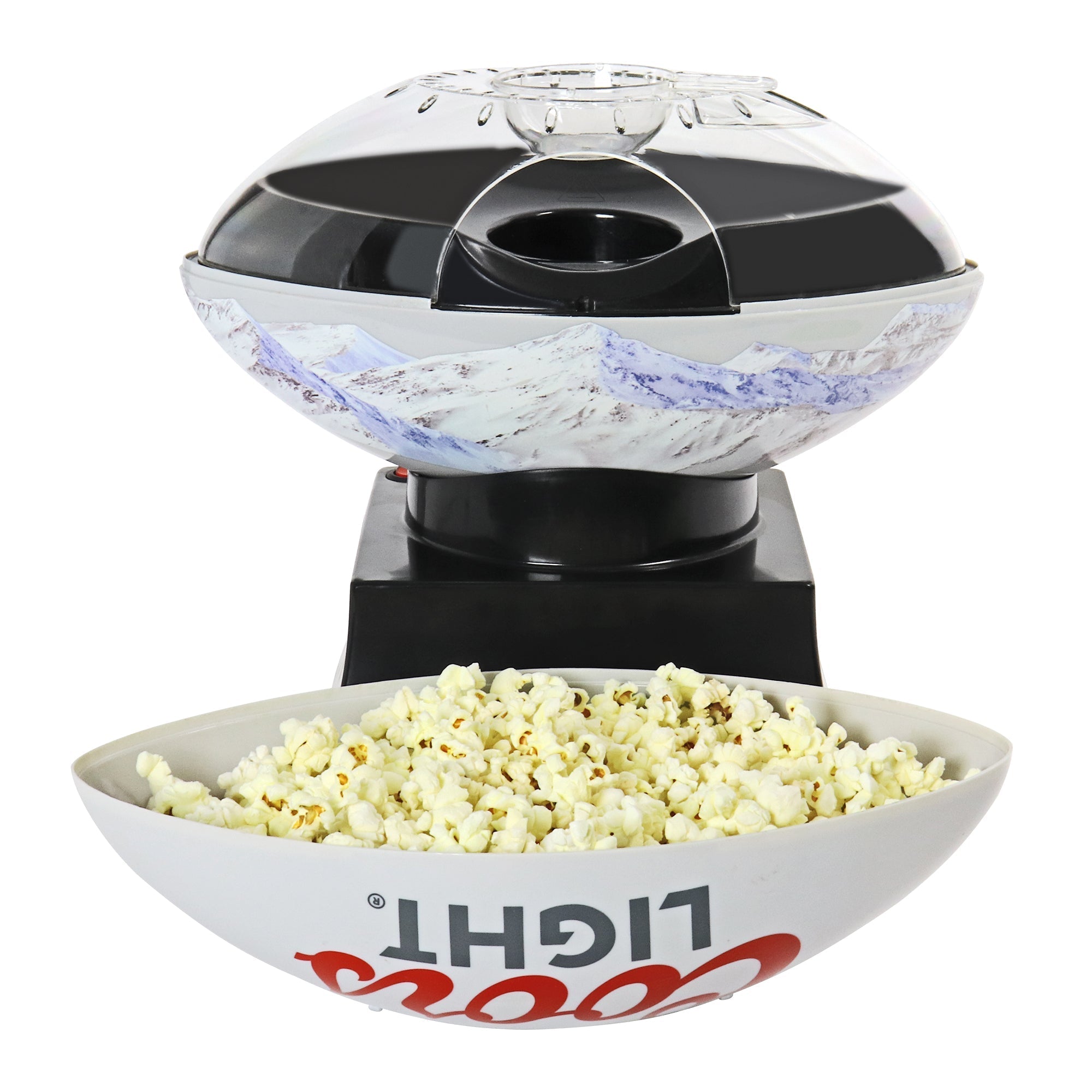 Product shot of Coors Light popcorn maker on a white background with serving bowl full of popcorn in front