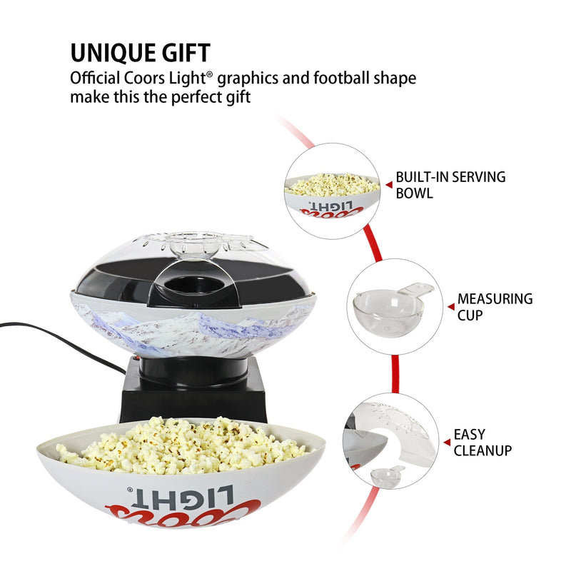 Product shot of Coors Light popcorn maker on a white background with serving bowl full of popcorn in front. Three inset images to the right show accessories, labeled: Built-in serving bowl; measuring cup; removable lid (labeled Easy cleanup). Text above reads, "Unique gift: Official Coors Light graphics and football shape makes this the perfect gift"