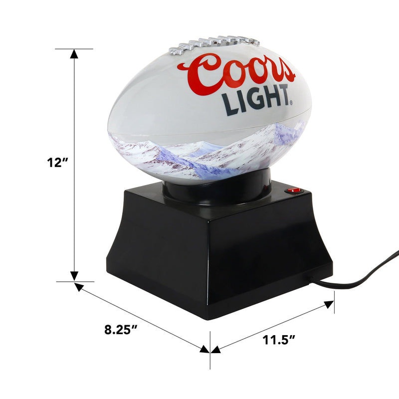 Product shot of Coors Light popcorn maker on white background with dimensions labeled