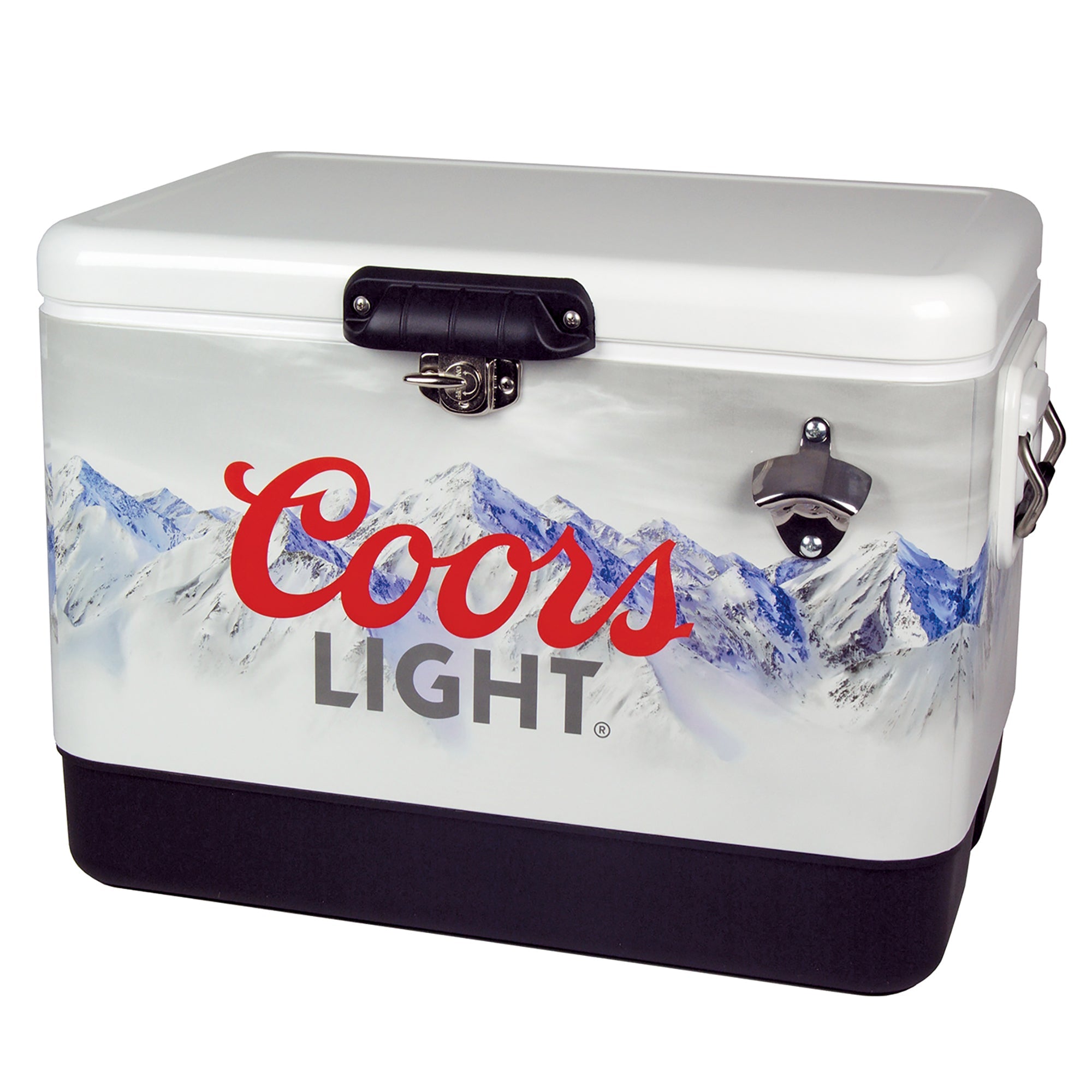 Product shot of Coors Light 51 liter ice chest with bottle opener, closed, on a white background