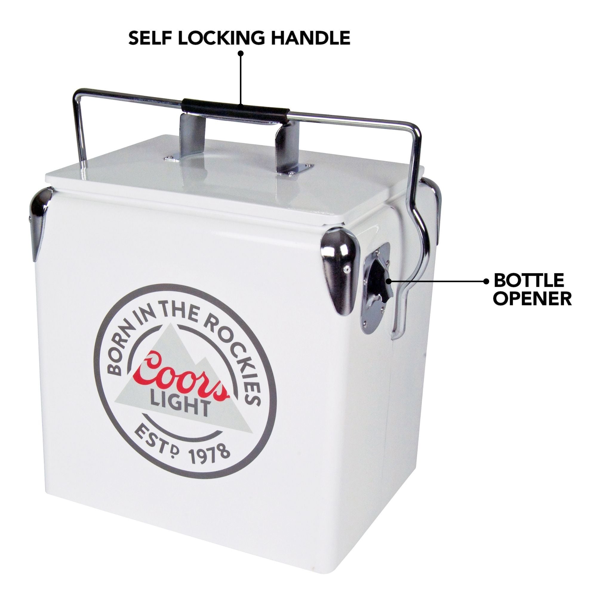 Product shot of Coors Light 14 qt retro cooler with bottle opener, closed, on a white background, with parts labeled: Self-locking handle; bottle opener