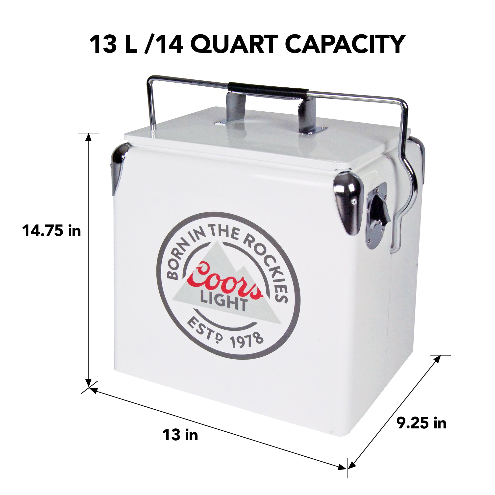Product shot of Coors Light retro 14 liter ice chest with bottle opener, closed, on a white background, with dimensions labeled. Text above reads, "13L/14 quart capacity"