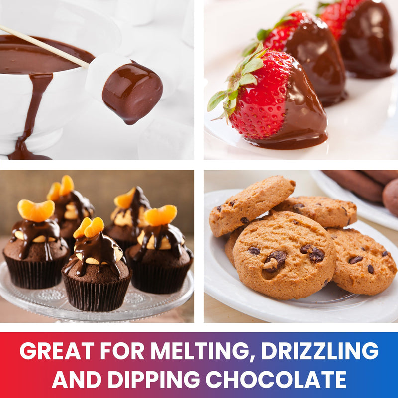 Four lifestyle images of foods: A chocolate dipped marshmallow on a skewer; Three chocolate dipped strawberries on a plate; Four mini cupcakes with chocolate drizzle; and Four chocolate chip cookies. Text below reads "Great for melting, drizzling, and dipping chocolate"