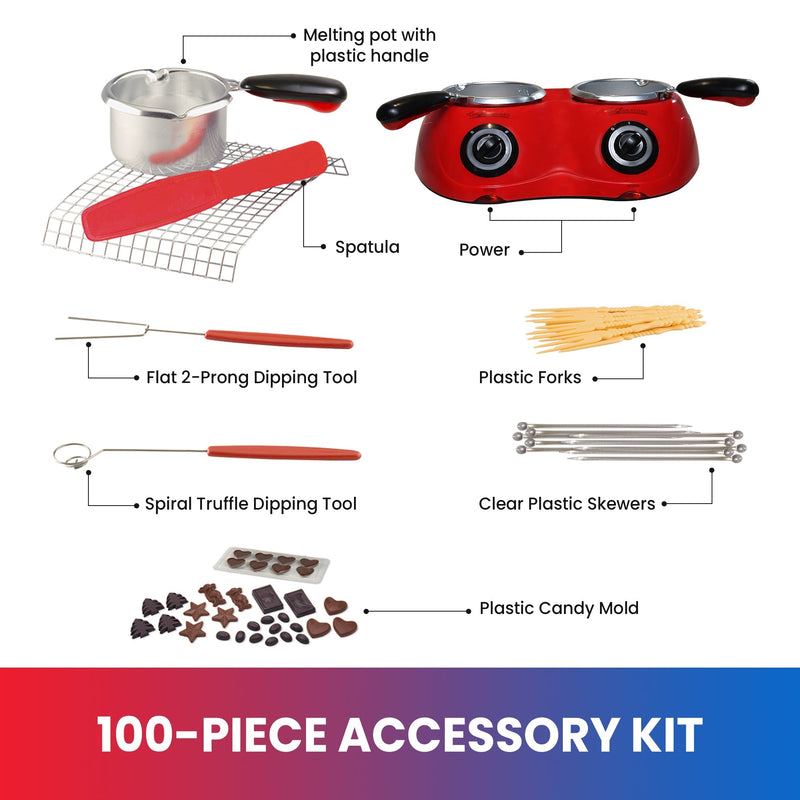 Product shots on white background of some of the items comprising the 100 piece accessory kit, labeled: Melting pot with plastic handle; spatula; flat 2-prong dipping tool; spiral truffle dipping tool; power base; plastic forks; clear plastic skewers; plastic candy mold
