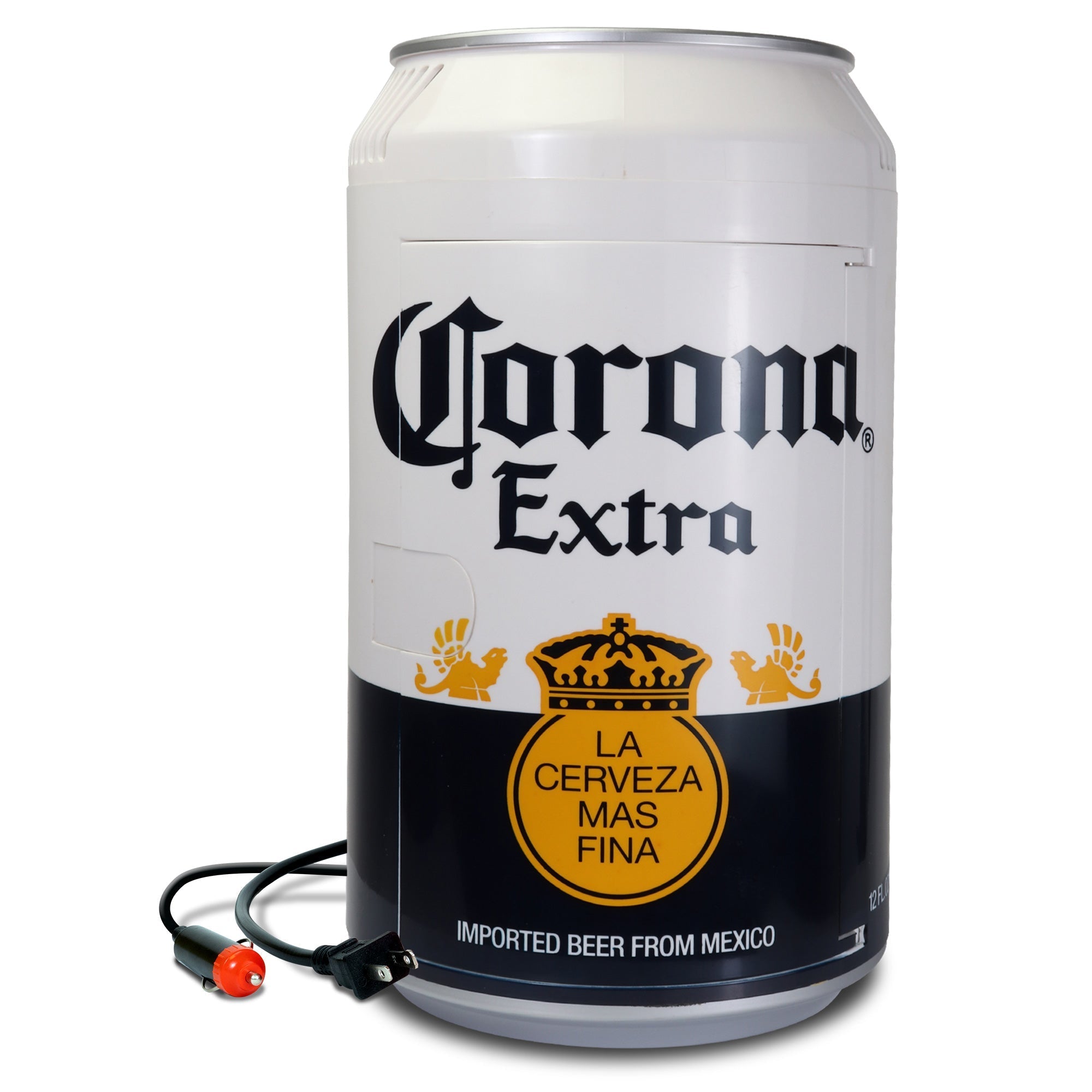Product shot of Corona can-shaped 12 can mini fridge, closed, on a white background with AC and DC power cords visible