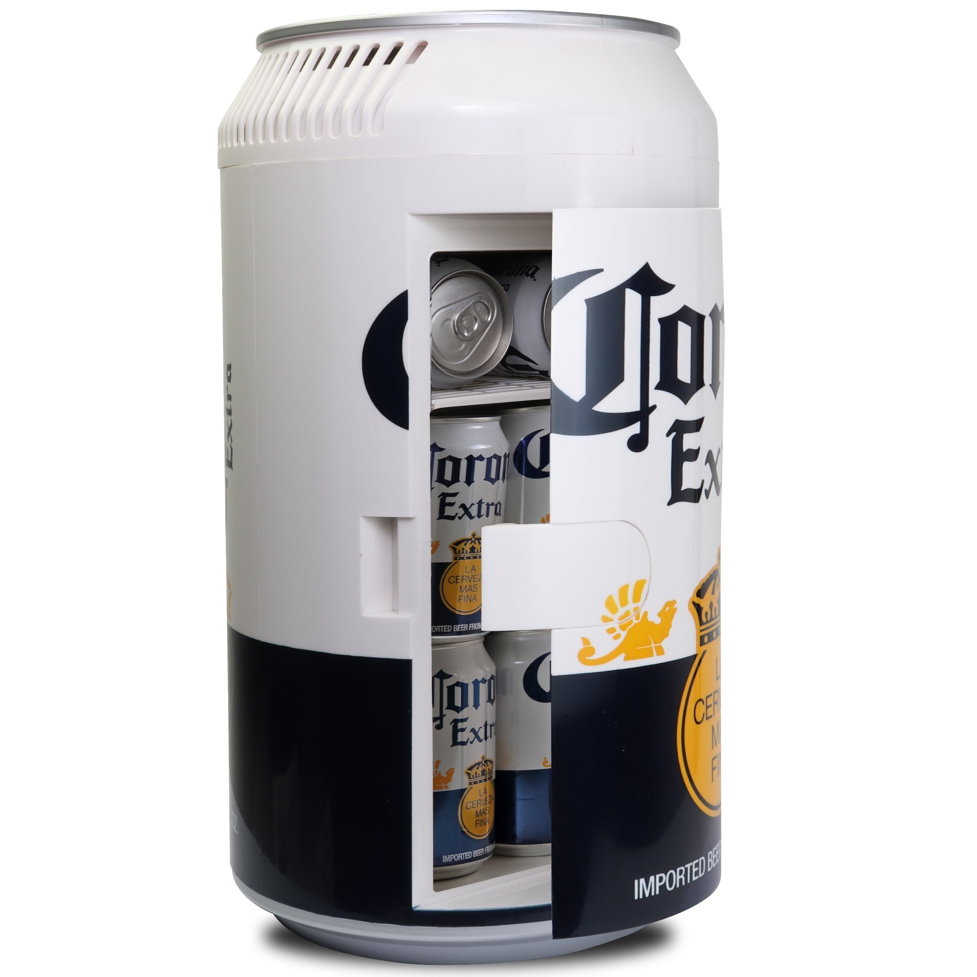 Product shot of Corona can-shaped mini fridge, open with 12 cans of Corona beer inside, on a white background