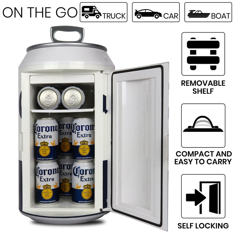 Closeup image of open cooler with 10 cans of Corona beer inside and pull-tab carry handle flipped up. Above are icons and text describing: On the go - truck, car, boat. To the right are icons and text describing: Removable shelf; compact and easy to carry; self-locking
