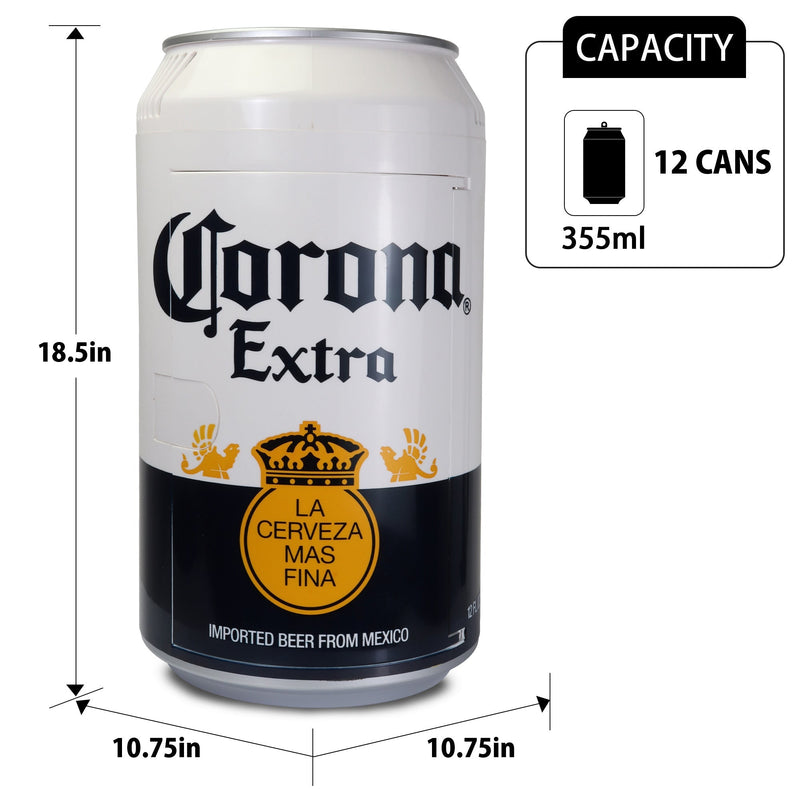 Product shot of Corona can-shaped 12 can mini fridge, closed, on a white background with dimensions labeled. Inset text with can icon reads, "Capacity: 12 cans (355 mL)"