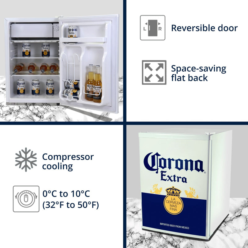 Top half shows a product shot of Corona compact beer fridge with freezer, open and filled with bottles and cans of Corona beer, on a white and gray marbled surface. Text and icons to the right describe: Reversible door; space-saving flat back.. Bottom half shows a product shot of Corona compact beer fridge with freezer, closed, on a white and gray marbled surface. Text and icons to the left describe: Compressor cooling; 0C to 10C (32F to 50F) 