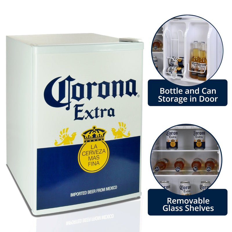 Product shot of Corona compact beer fridge with freezer on a white background with inset closeup images of features to the right, labeled: Bottle and can storage in door; removable glass shelves