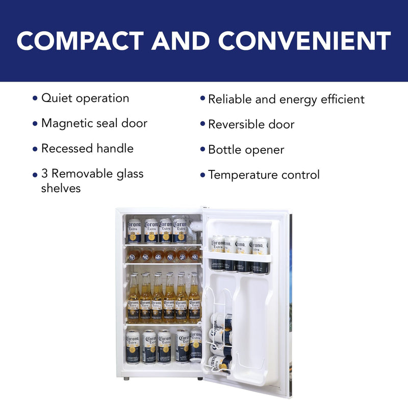 Product shot of compact fridge, open and filled with cans and bottles. Text above reads, "Compact and convenient," followed by a list of bullet points: Quiet operation; magnetic seal door; recessed handle; 3 removable glass shelves; reliable and energy efficient; reversible door; bottle opener; temperature control