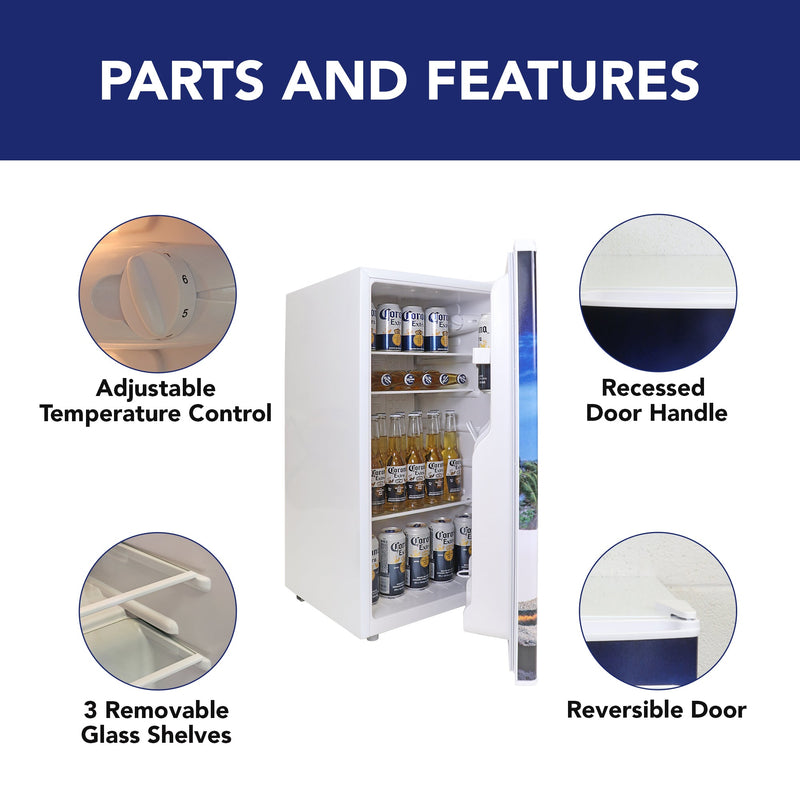 Product shot of compact fridge, partly open with cans and bottles visible inside, surrounded by inset closeup images of parts, labeled: Adjustable temperature control; recessed door handle; reversible door; 3 removable glass shelves. Text above reads, "Parts and features"