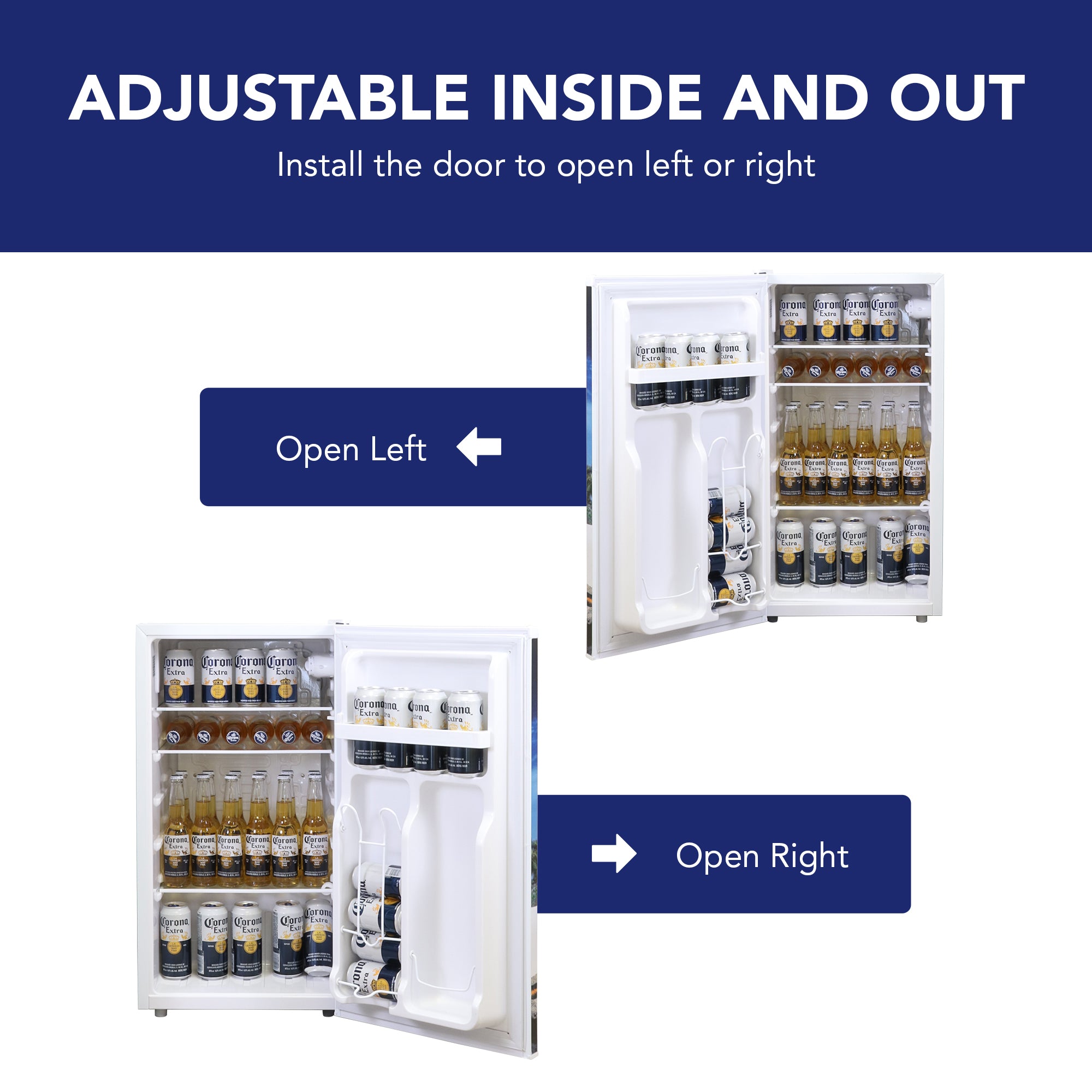 Two product shots showing compact fridge, open and filled with cans and bottles, with door installed to open left or right. Text above reads, "Easily customizable: Install the door to open left or right to suit your space"