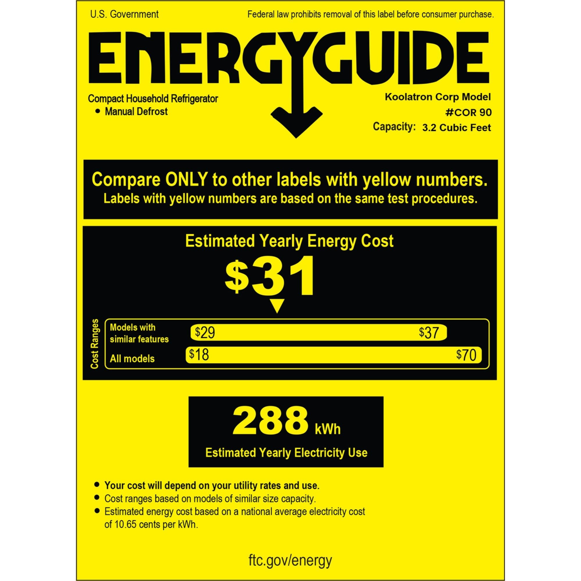 Energy Guide certificate for COR90 Corona 3.2 cu ft compact fridge showing estimated yearly operating cost of $31 and estimated yearly energy consumption of 288 kWh