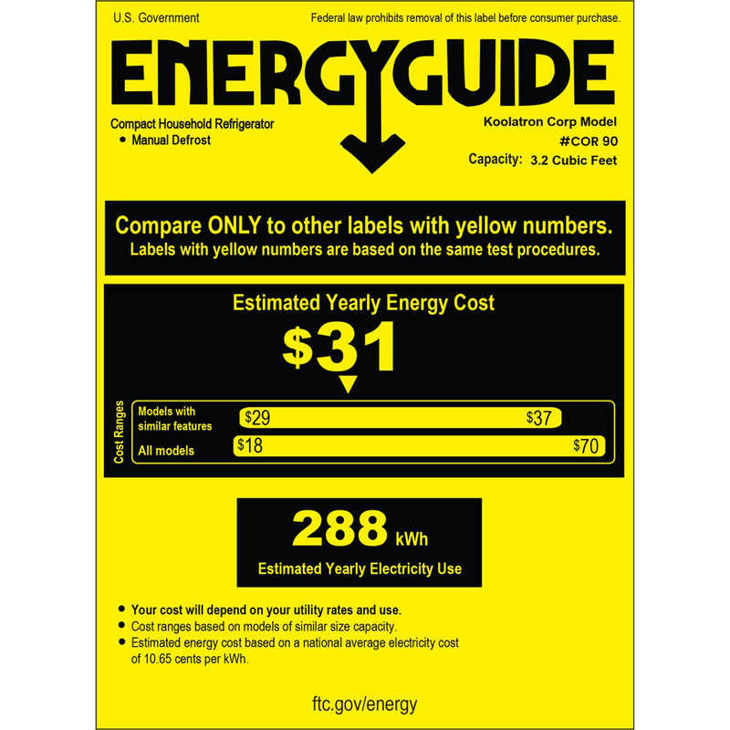 Energy Guide certificate for COR90 Corona 3.2 cu ft compact fridge showing estimated yearly operating cost of $31 and estimated yearly energy consumption of 288 kWh