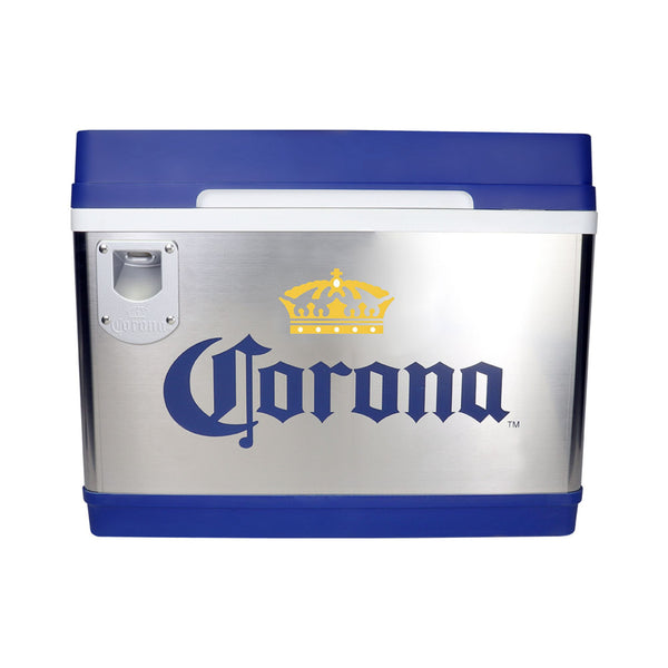 Product shot of Corona Cruiser 12V stainless steel cooler on a white background