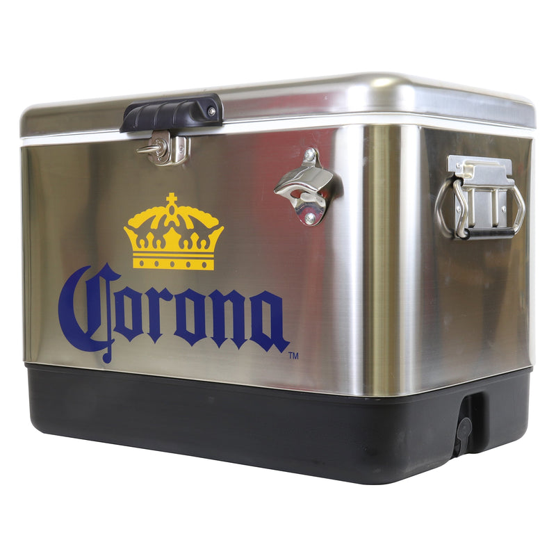 Product shot of Corona 51 liter ice chest with bottle opener, closed, on a white background