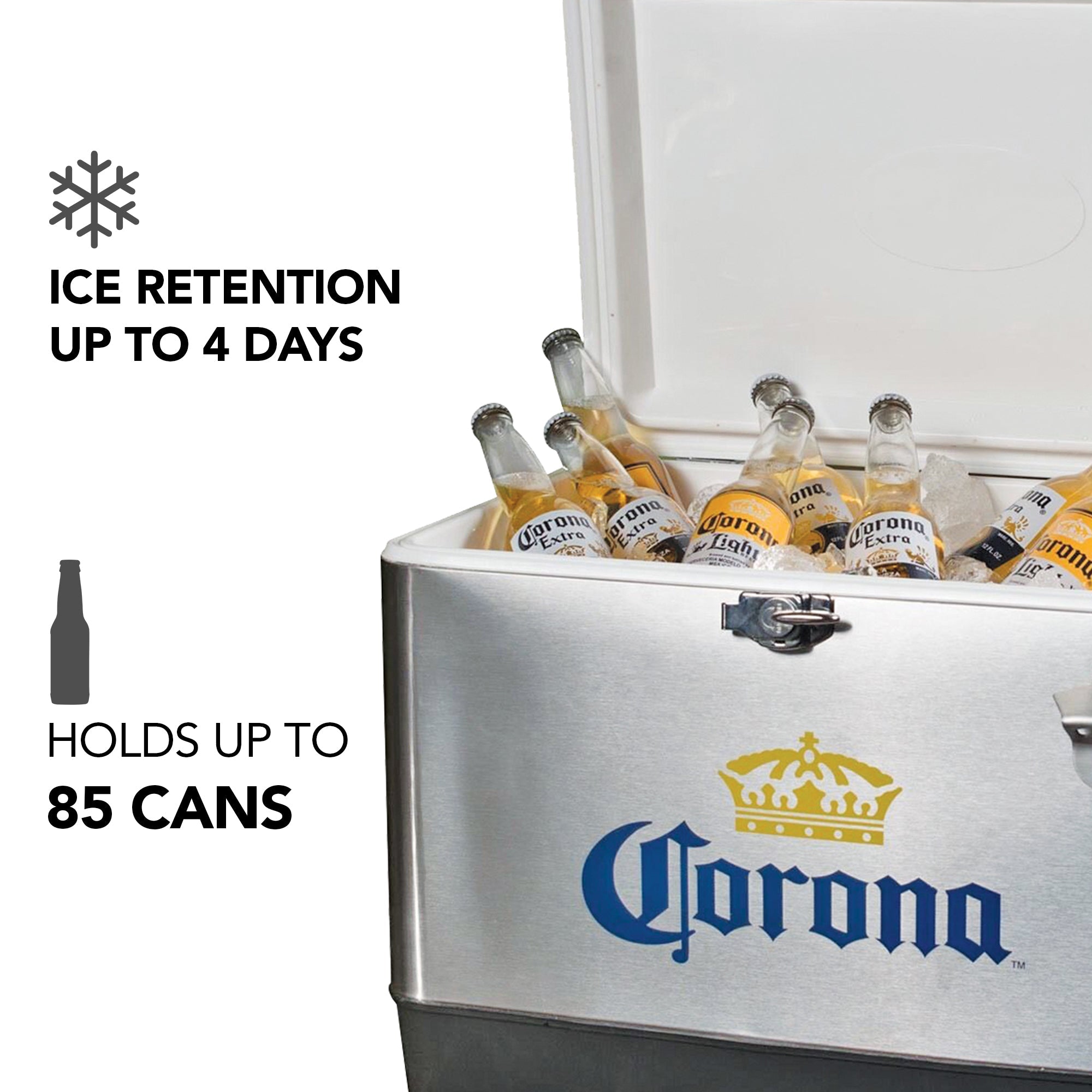 Product shot of Corona 51 L ice chest, open with ice and bottles of Corona beer inside, on a white background. Text and icons to the left describe: Ice retention up to 4 days; holds up to 85 cans