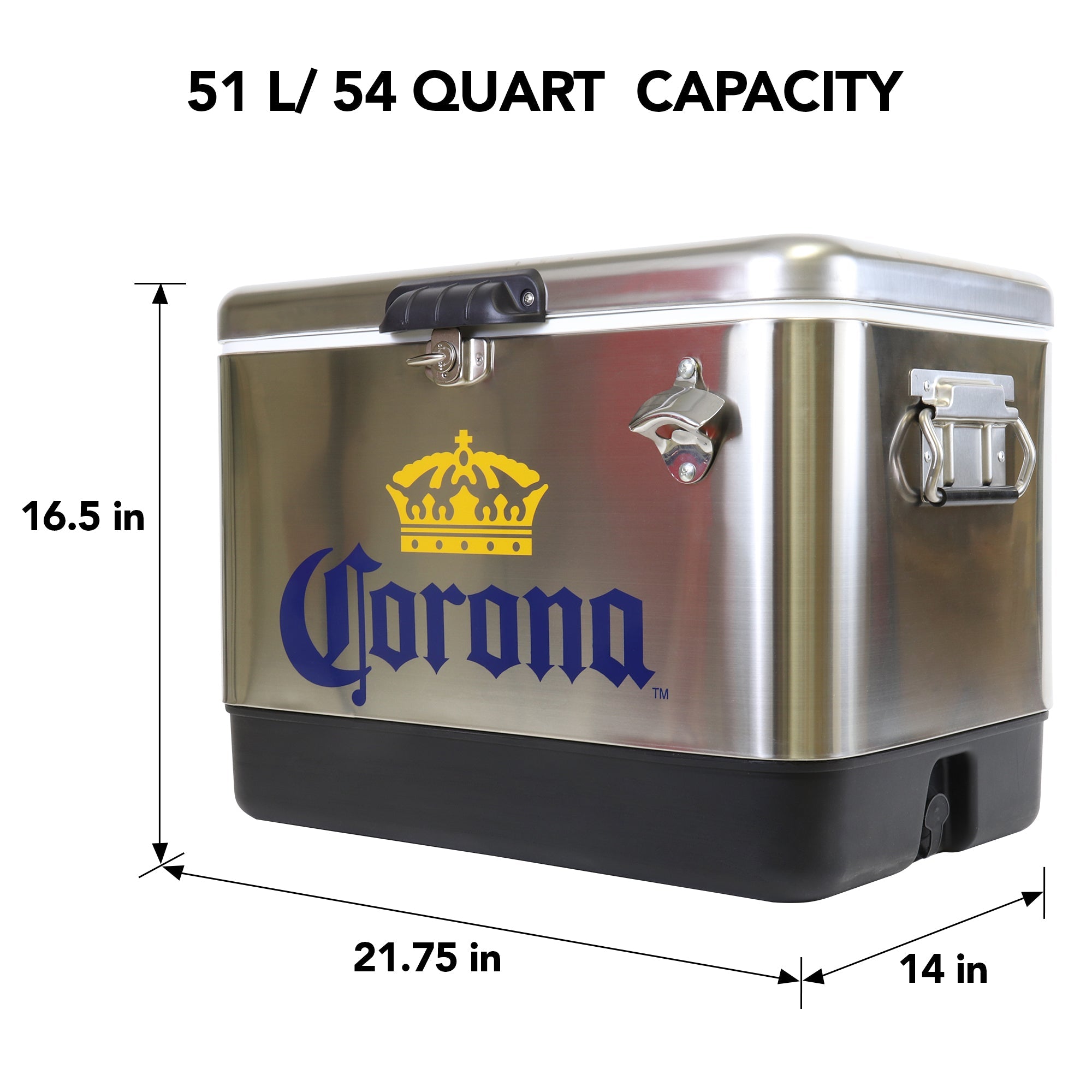  Product shot of Corona 51 liter ice chest with bottle opener, closed, on a white background, with dimensions labeled. Text above reads, "51L/54 quart capacity"
