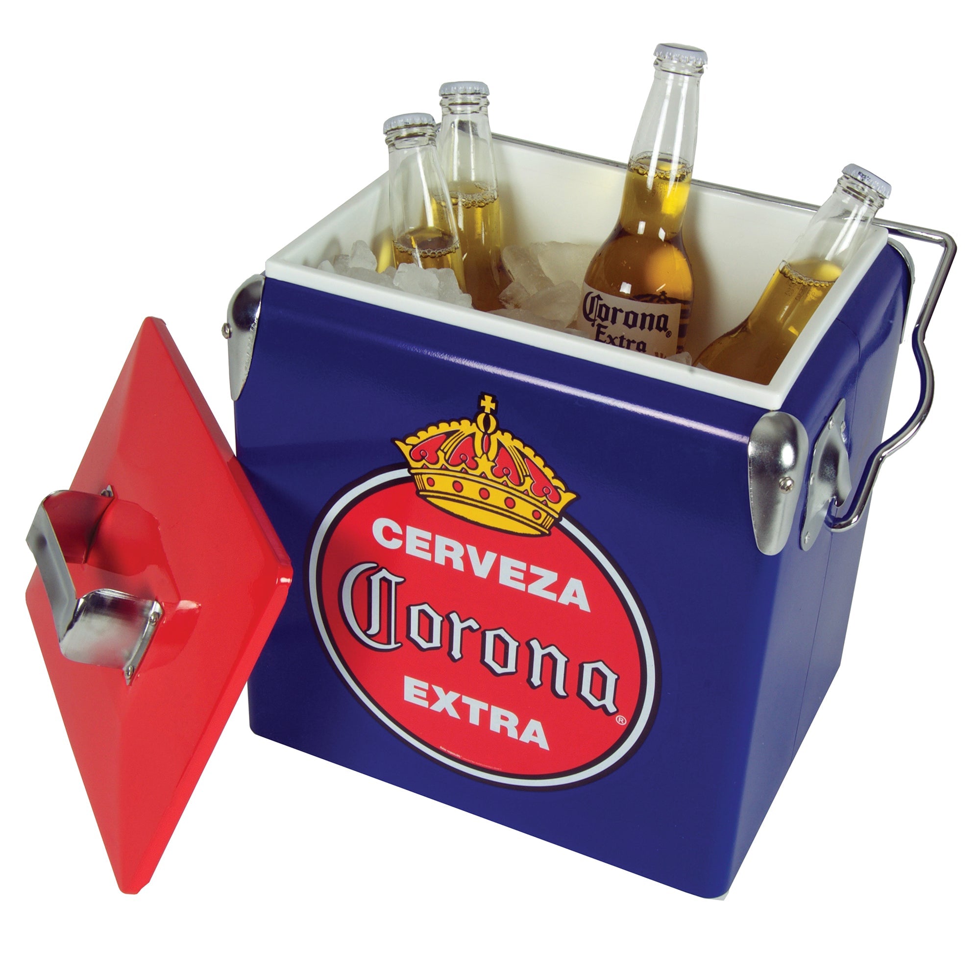 Product shot of Corona retro ice chest, open with ice and bottles of Corona beer inside and the lid leaning against it, on a white background