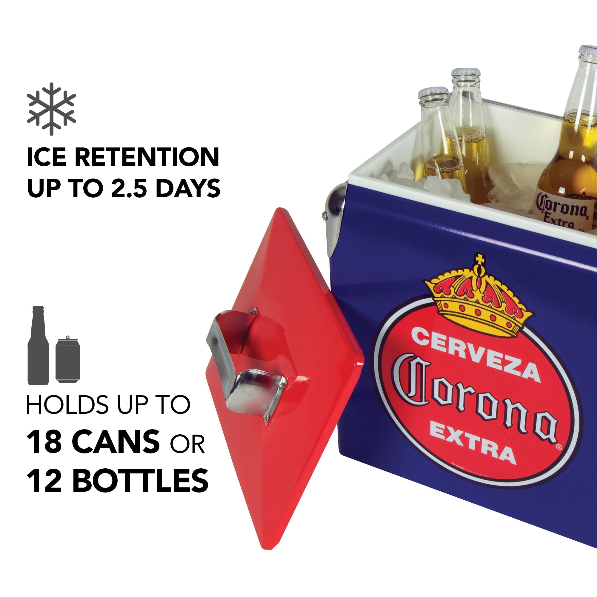 Product shot of Corona 13L retro ice chest, open with ice and bottles of Corona beer inside and the lid leaning against it, on a white background. Text and icons to the left describe: Ice retention up to 2.5 days; holds up to 18 cans or 12 bottles