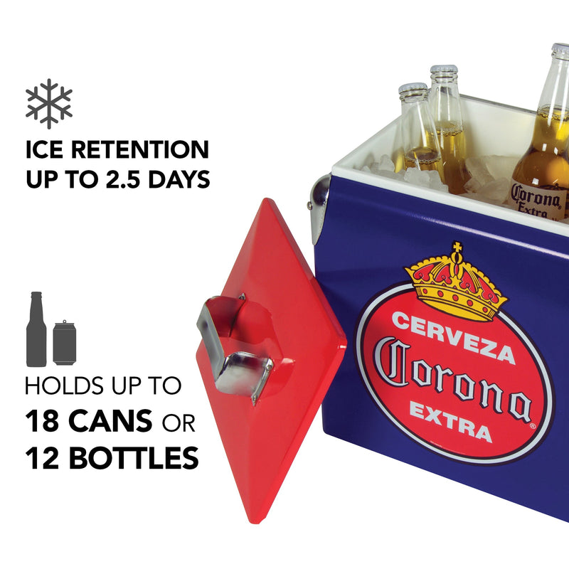 Product shot of Corona 13L retro ice chest, open with ice and bottles of Corona beer inside and the lid leaning against it, on a white background. Text and icons to the left describe: Ice retention up to 2.5 days; holds up to 18 cans or 12 bottles