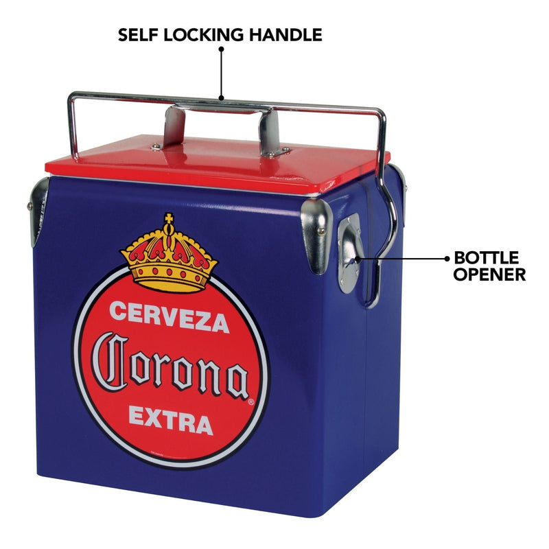 Product shot of Corona 14 qt retro cooler with bottle opener, closed, on a white background, with parts labeled: Self-locking handle; bottle opener