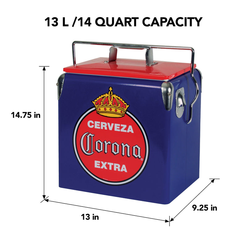 Product shot of Corona retro 14 liter ice chest with bottle opener, closed, on a white background, with dimensions labeled. Text above reads, "13L/14 quart capacity"