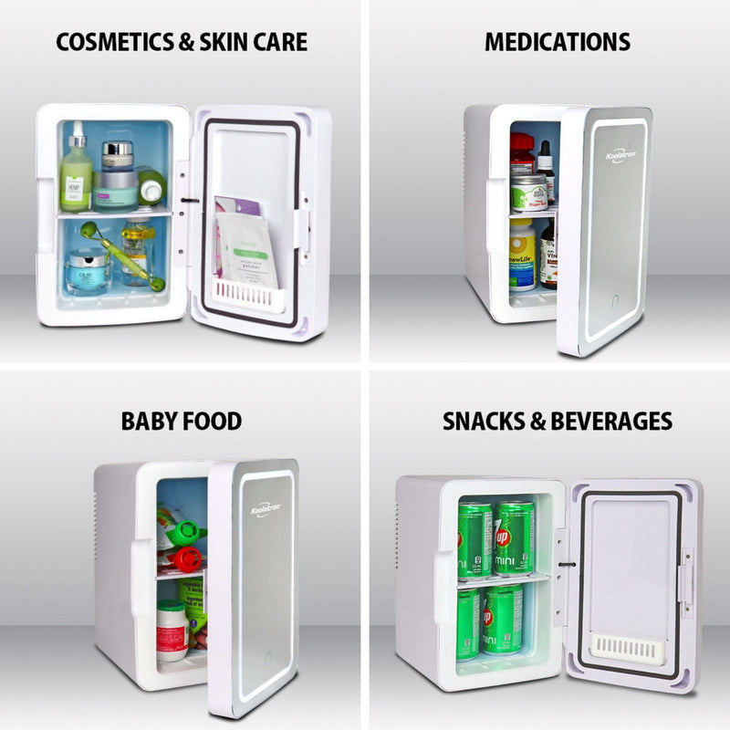 Four product shots on light gray backgrounds show the fridge open with items inside, labeled: 1. Cosmetics and skin care; 2. Medications; 3. Baby food; 4. Snacks and beverages