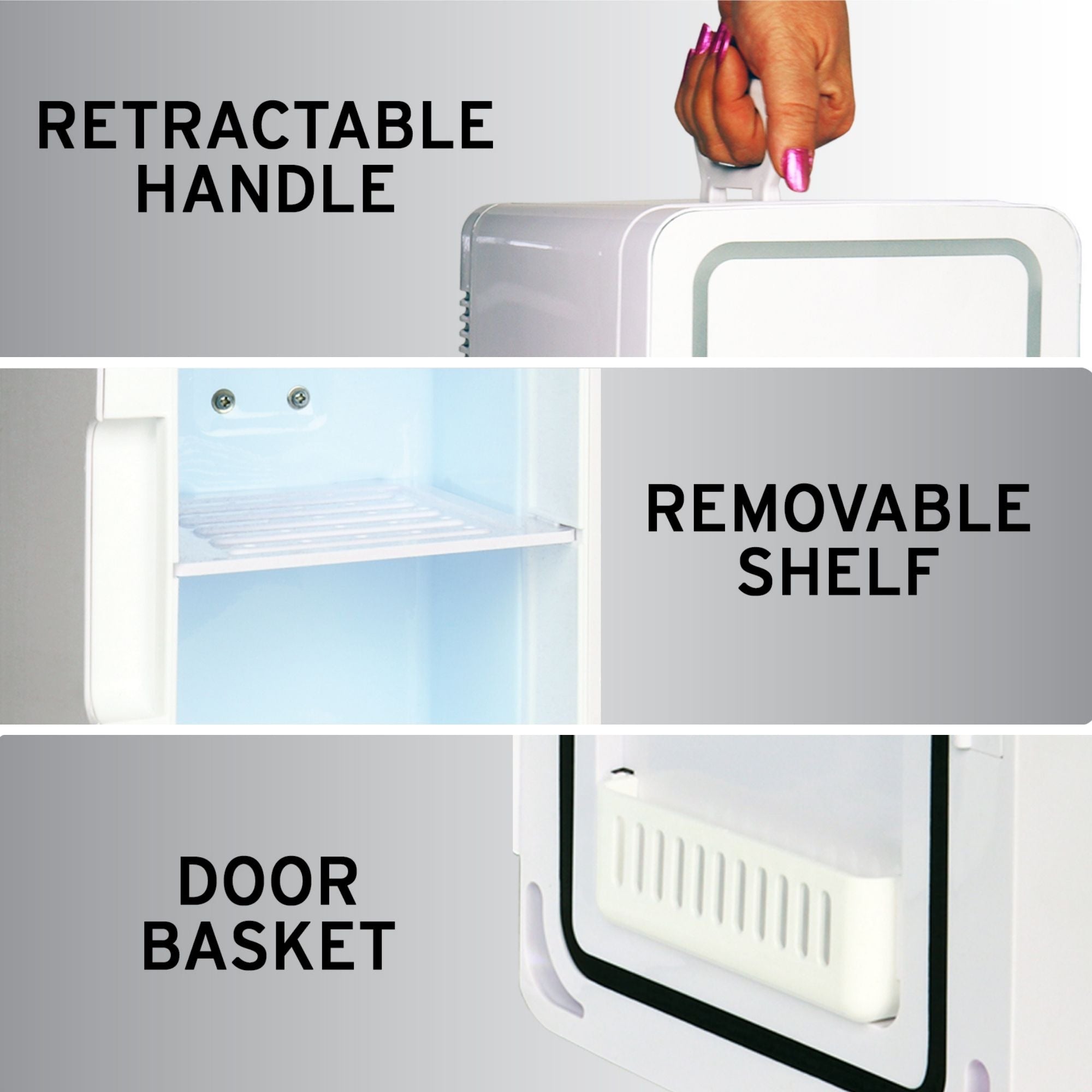 Three closeup images, labeled, show parts of the cosmetics fridge: 1. Retractable handle; 2. Removable shelf; 3. Door basket