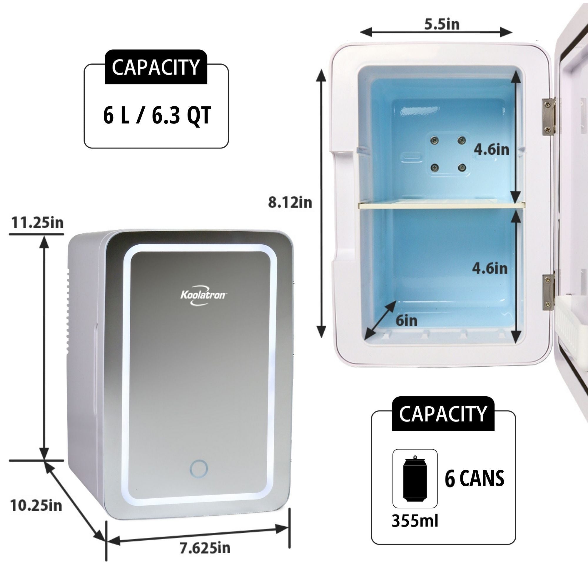 Two product shots on a white background show the cosmetics fridge with door open and interior dimensions labeled and door closed and exterior dimensions labeled. Text above reads, "Capacity: 6L/6.3 qt" and text below reads, "Capacity: 6 cans (355 mL)"