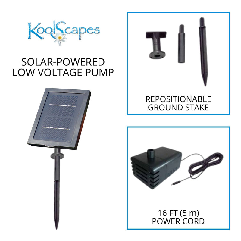 On the left is a product shot of the solar panel on its ground stake on a white background with text above reading, "Koolscapes solar-powered low-voltage pump." On the right are two product shots: Top shows the ground stake, dismantled, labeled, "repositionable ground stake," and bottom shows the pump and power cord, labeled, "16 ft (5 m) power cord" 