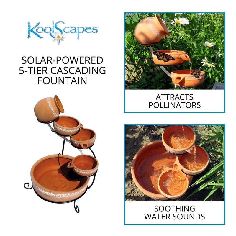 On the left is a product shot of the cascading terracotta solar fountain on a white background with text above reading, "Koolscapes solar-powered 5-tier cascading fountain. On the right are two lifestyle images: Top shows a closeup of the top three 3 tiers with monarch butterflies perched on them, water flowing, and daisies in the background, labeled, "Attracts pollinators." Bottom shows the fountain with water running, photographed from above, labeled, "Soothing water sounds" 