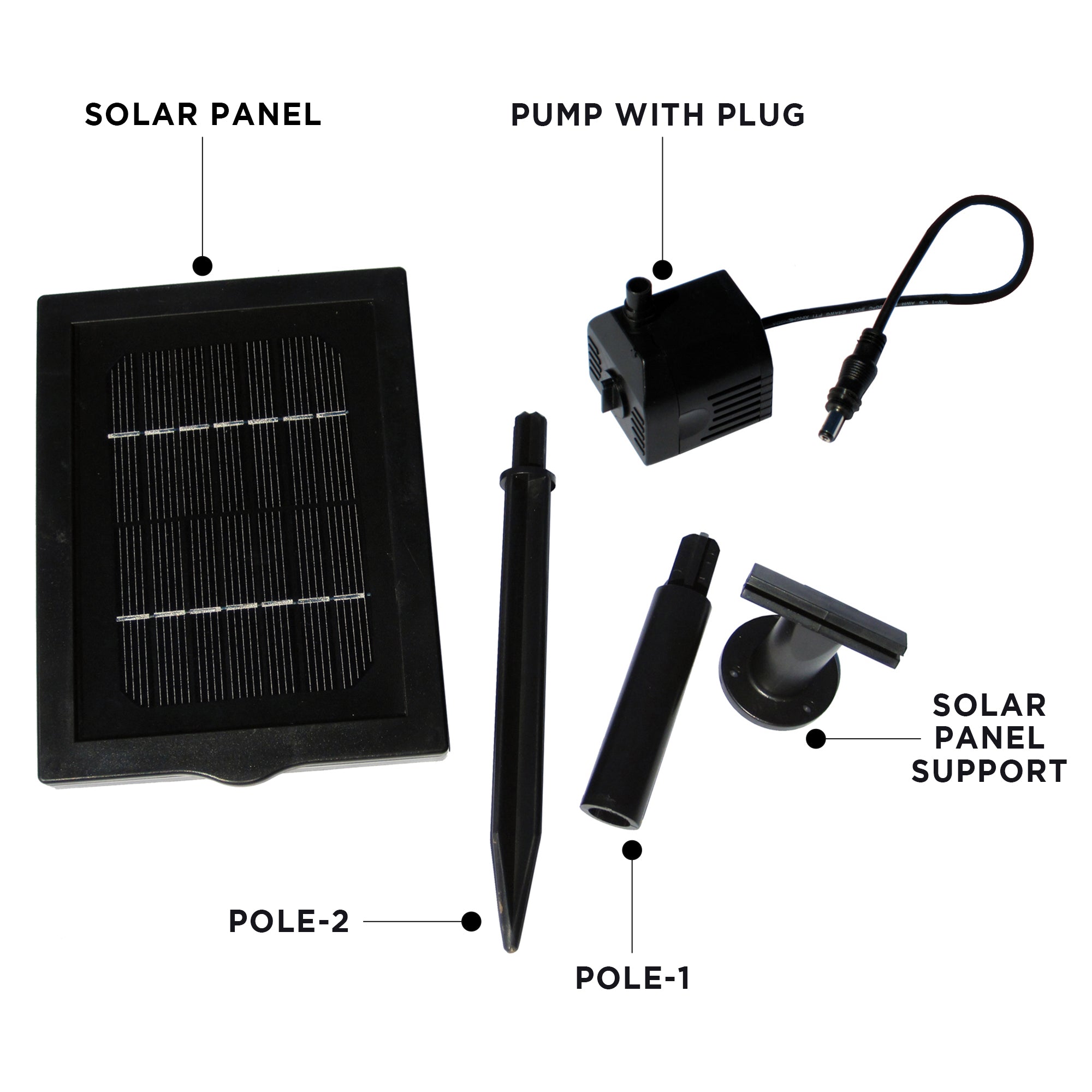 Product shots of parts of pump and solar panel assembly on white background, labeled: Solar panel; pump with plug; solar panel support; pole 1; pole 2