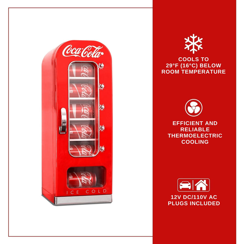 Product shot of Coca-Cola 10 can vending mini fridge on a white background, closed with cans of Coke inside. Text and icons to the right describe: Cools to 29F (16C) below room temperature; efficient and reliable thermoelectric cooling; 12V DC/110V AC plugs included