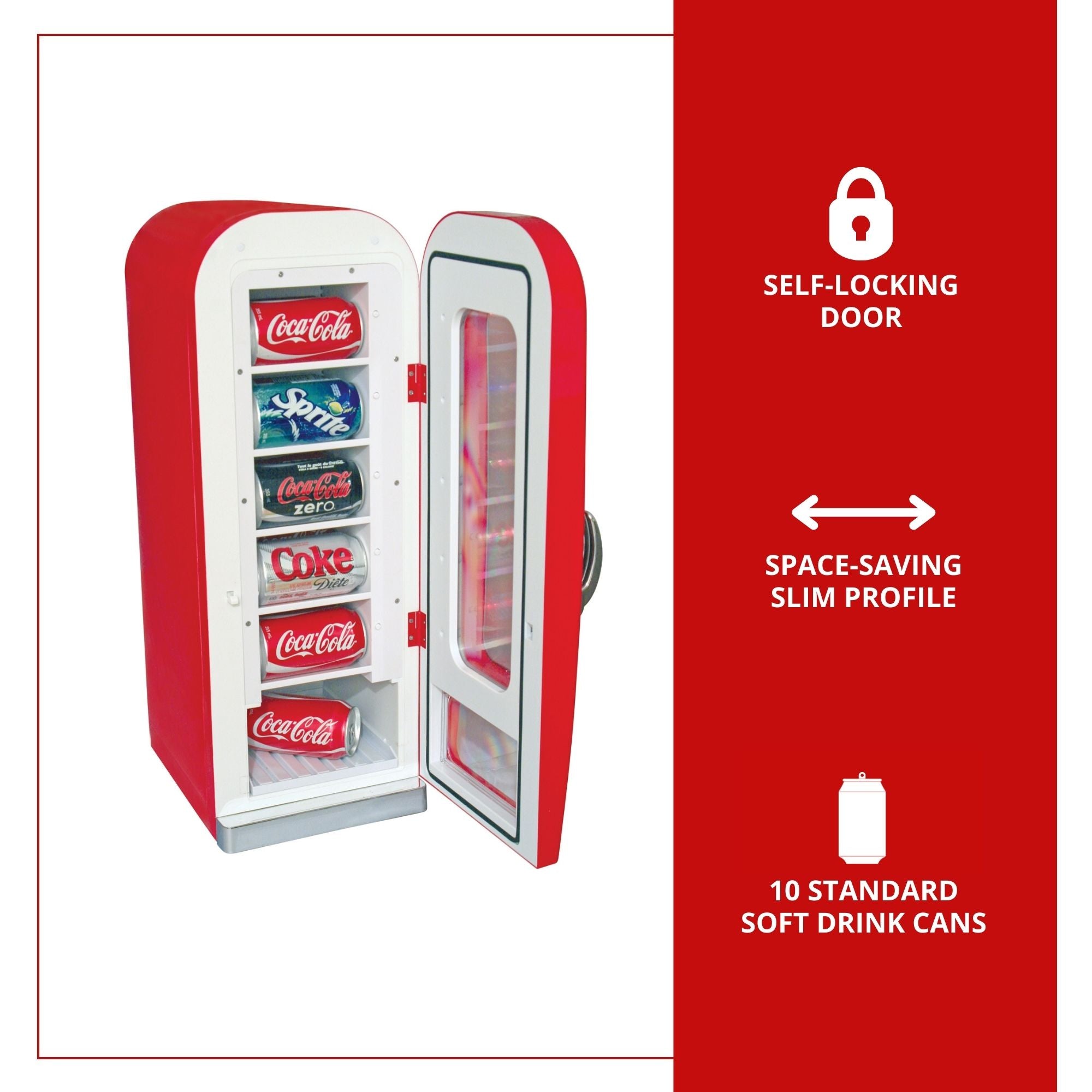 Product shot of Coca-Cola 10 can vending mini fridge on a white background, open with cans of Coke products inside. Text and icons to the right describe: Self-locking door; space-saving slim profile; 10 standard soft drink cans