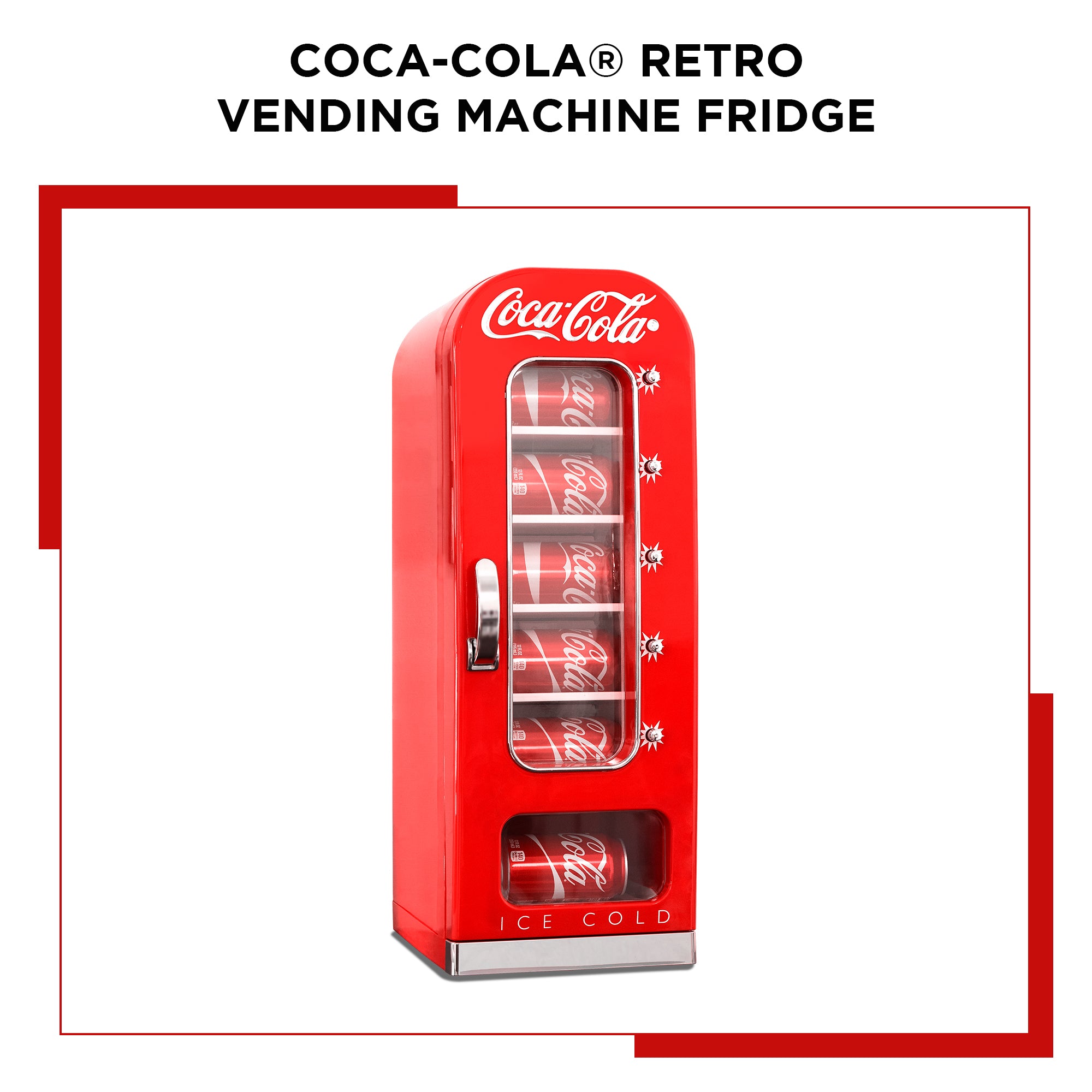 Product shot of Coca-Cola 10 can vending cooler, closed with cans of Coke inside, on a white background with a red border. Text above reads, "Coca-Cola retro vending machine fridge"