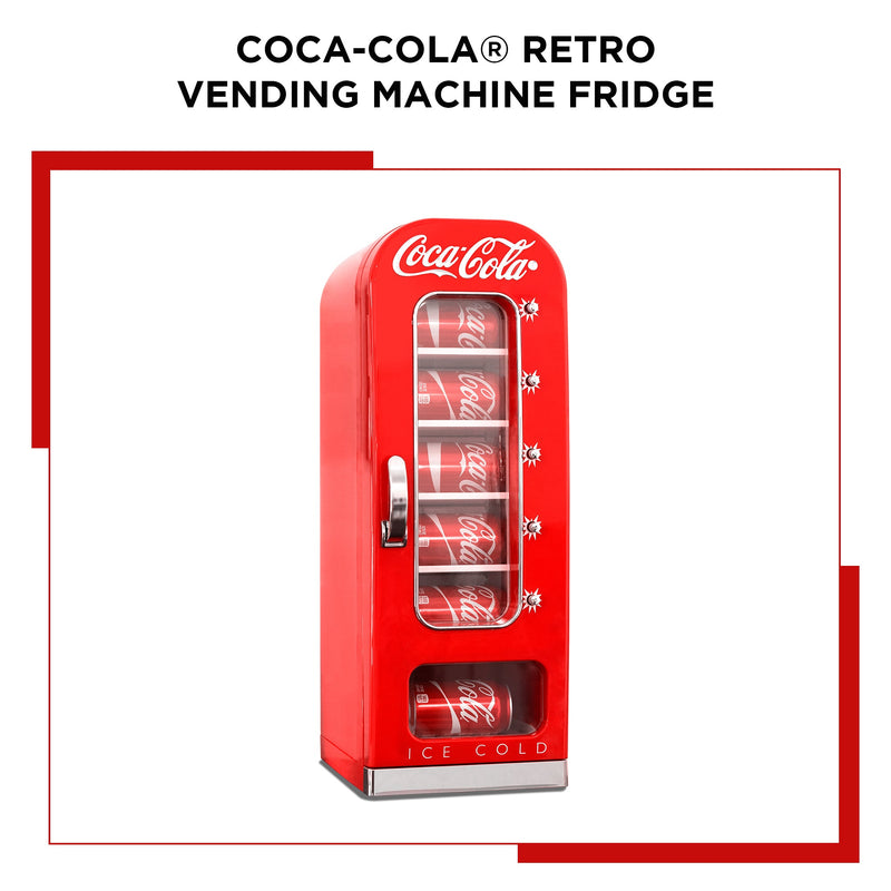 Product shot of Coca-Cola 10 can vending cooler, closed with cans of Coke inside, on a white background with a red border. Text above reads, "Coca-Cola retro vending machine fridge"