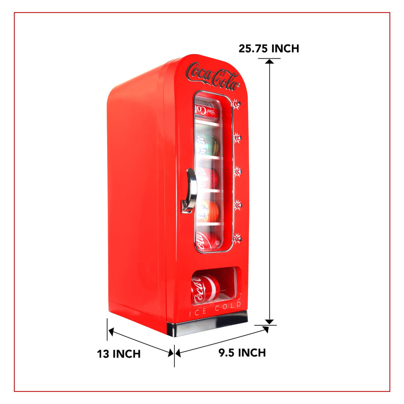 Product shot of Coca-Cola 10 can vending machine mini fridge, closed, on a white background with dimensions labeled