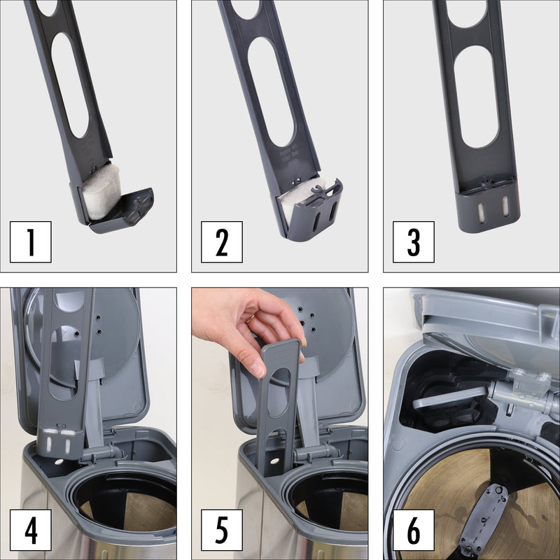 Series of 6 numbered images show the steps for installing the water filter: 1. Filter holder open with cartridge inside; 2. Holder partly closed; 3. Holder completely closed with filter inside; 4. Filter holder shown above open water reservoir; 5. Hand placing filter holder into water reservoir; 6. Coffee maker viewed from above showing filter holder installed in water reservoir