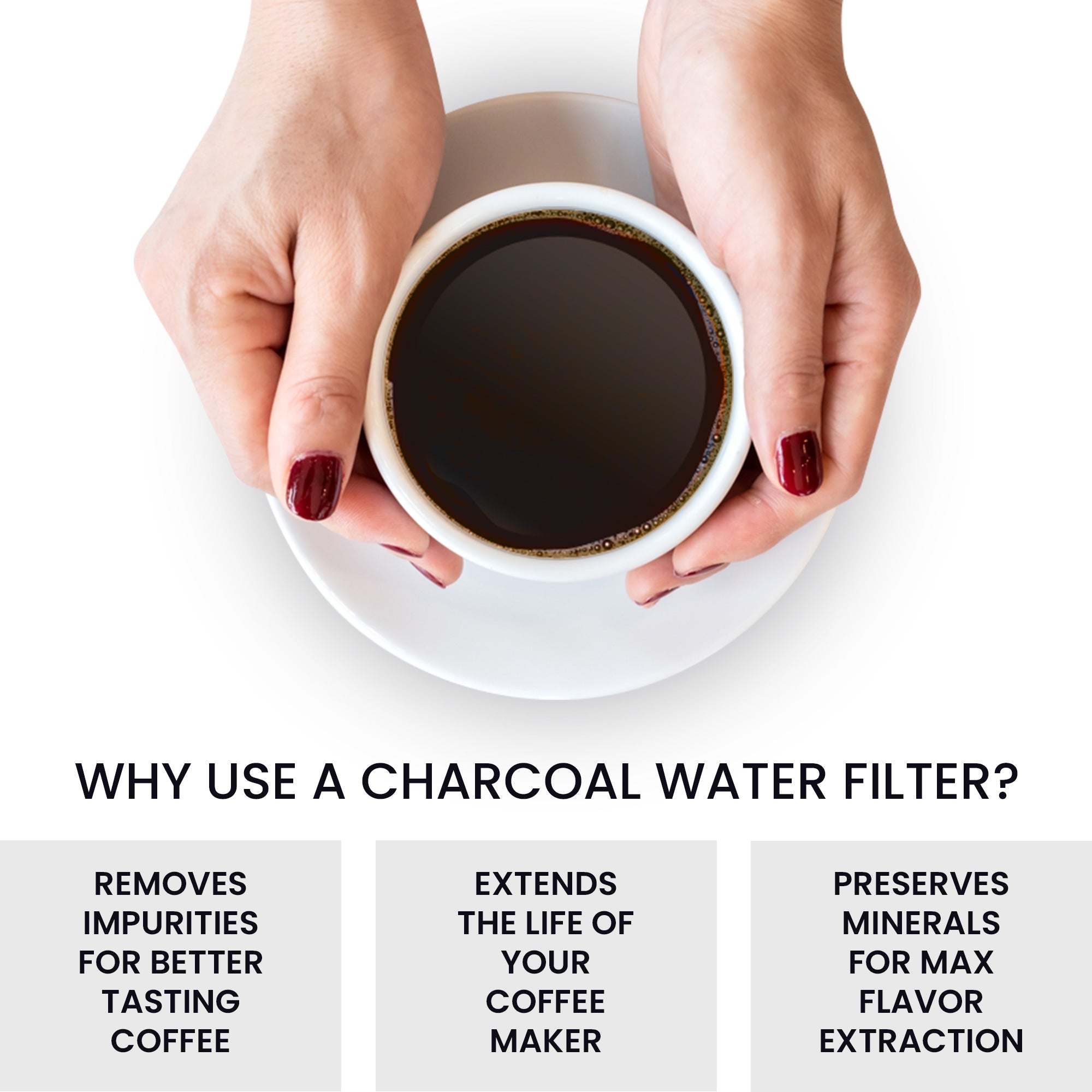 Image of two hands holding a white cup full of coffee on a white saucer against a white background. Text below reads, "Why use a charcoal water filter? Removes impurities for better tasting coffee; extends the life of your coffee maker; preserves minerals for max flavor extraction"