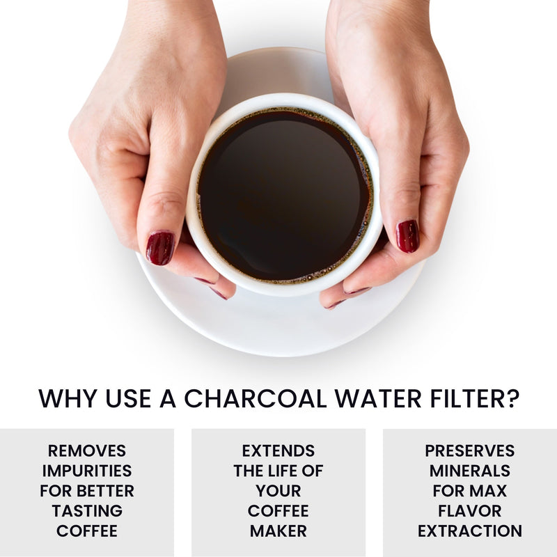 Image of two hands holding a white cup full of coffee on a white saucer against a white background. Text below reads, "Why use a charcoal water filter? Removes impurities for better tasting coffee; extends the life of your coffee maker; preserves minerals for max flavor extraction"