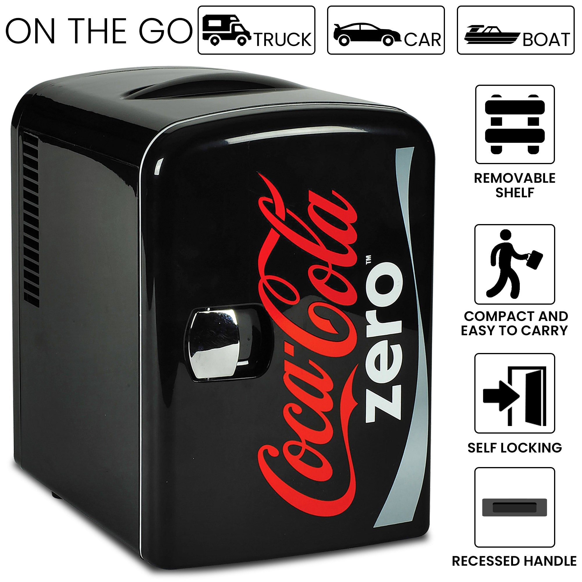 Product shot of Coca-Cola Coke Zero 6 can mini fridge on a white background. Text and icons above describe: On the go - truck car boat. Text and icons to the right describe: Removable shelf; compact and easy to carry; self-locking; recessed handle