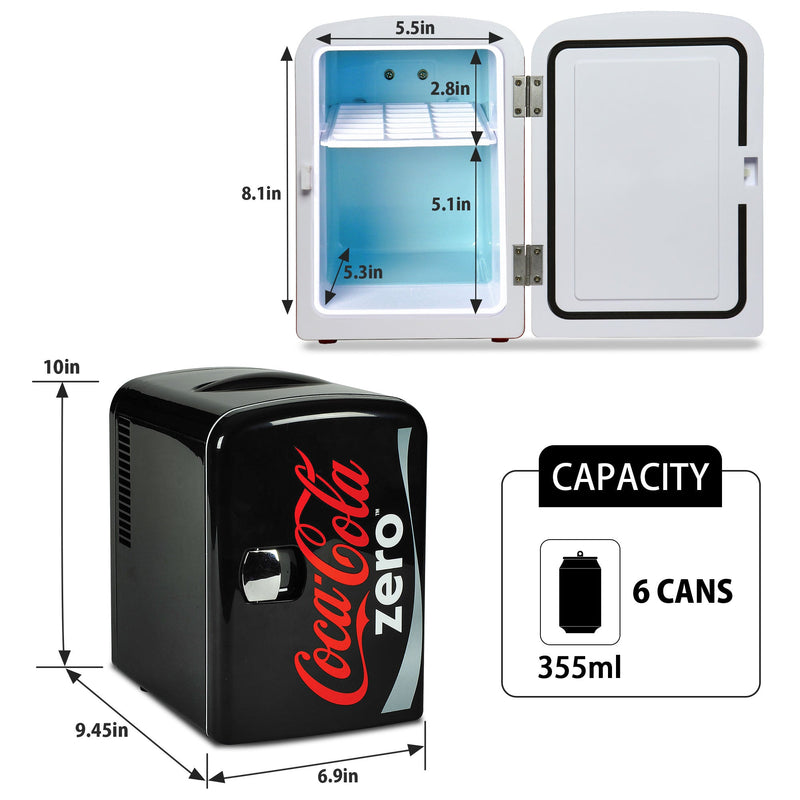 Two product shots of Coca-Cola Coke Zero 4L mini fridge, open and closed, on a white background, with interior and exterior dimensions labeled. Inset text and icons describes: Capacity - 6 cans 355 mL